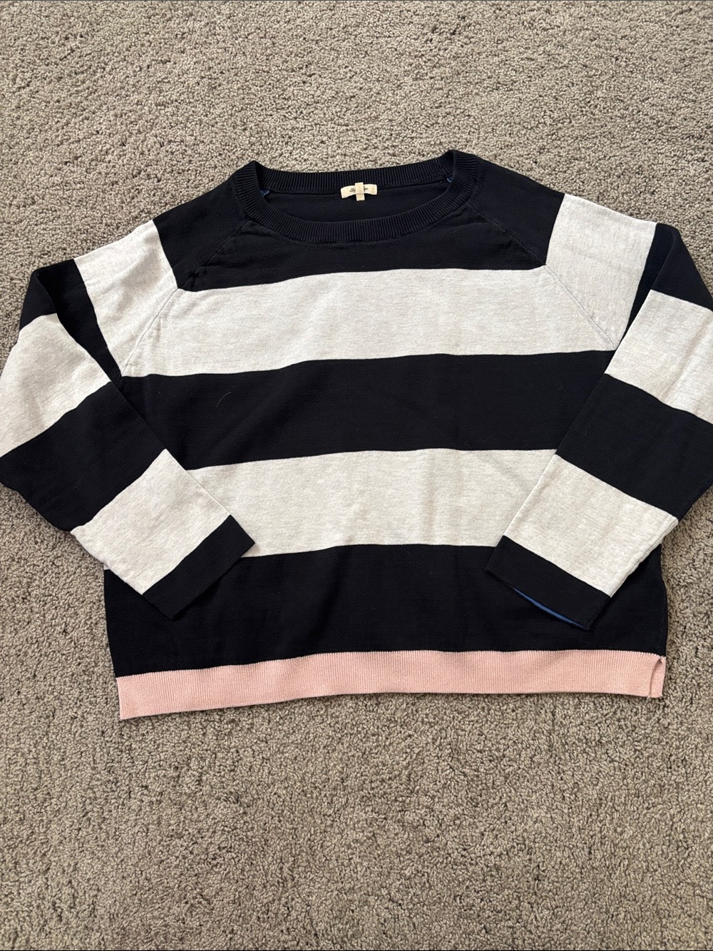 Bellerose Striped Crewneck Sweater in Black, Light Gray & Pink Trim